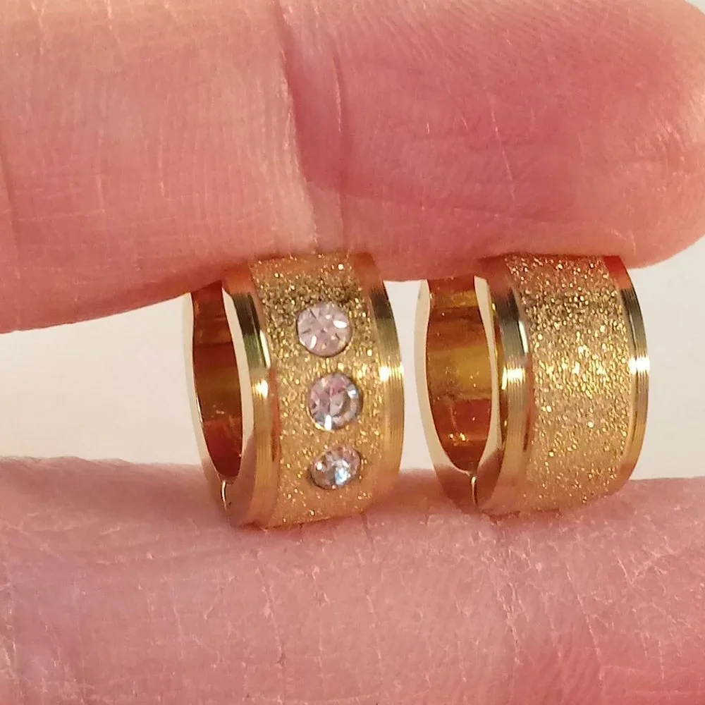 Mens Gold Stainless Steel Diamond Zircon Frosted Sandblast Hoop Earrings 14mm - Picture 4 of 5